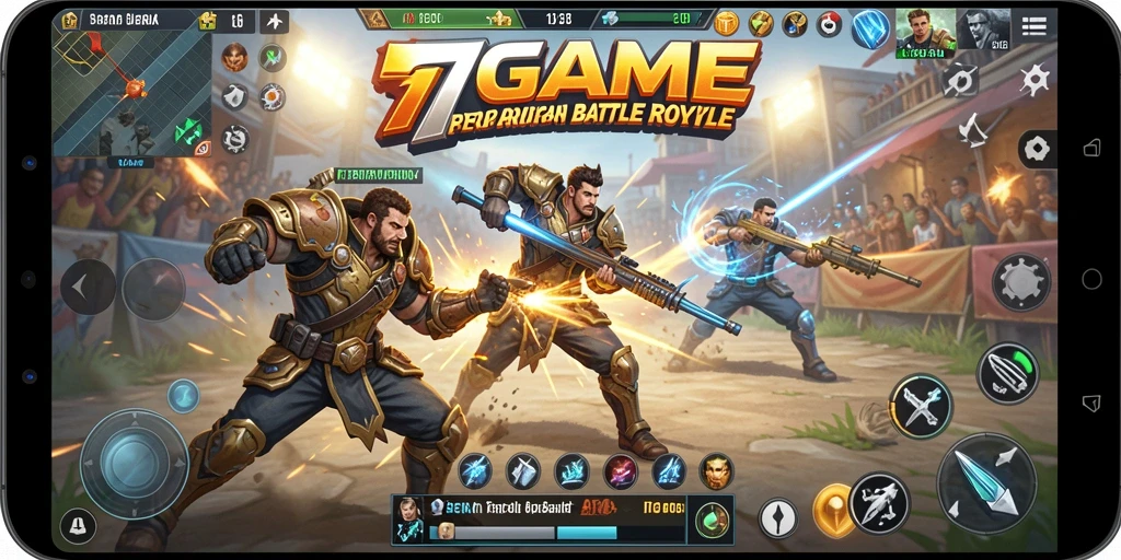 Tampilan utama gameplay 7GAME yang penuh aksi di arena Battle Royale.