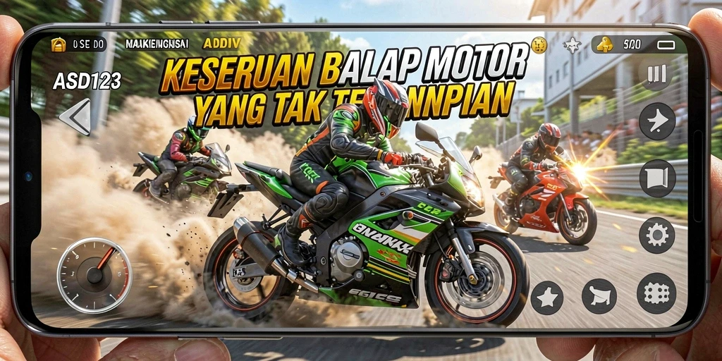 Tampilan gameplay ASD123 menampilkan aksi balapan motor yang seru dan menegangkan.