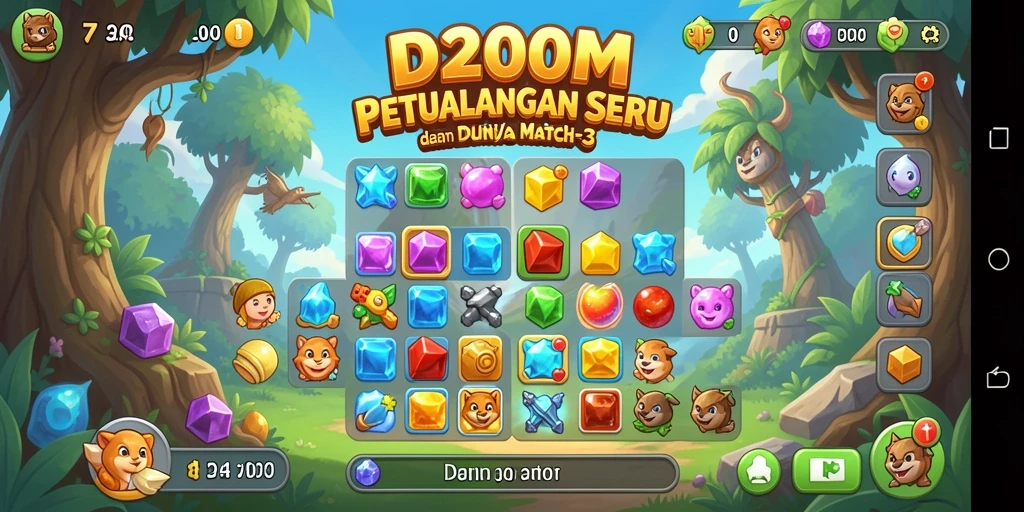 Screenshot D200M menampilkan gameplay seru saat mencocokkan permata berwarna.