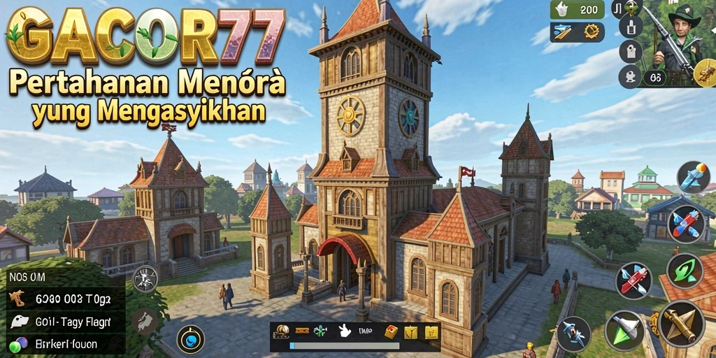 Tampilan gameplay GACOR77 dengan menara dan musuh yang mengalami pertempuran.