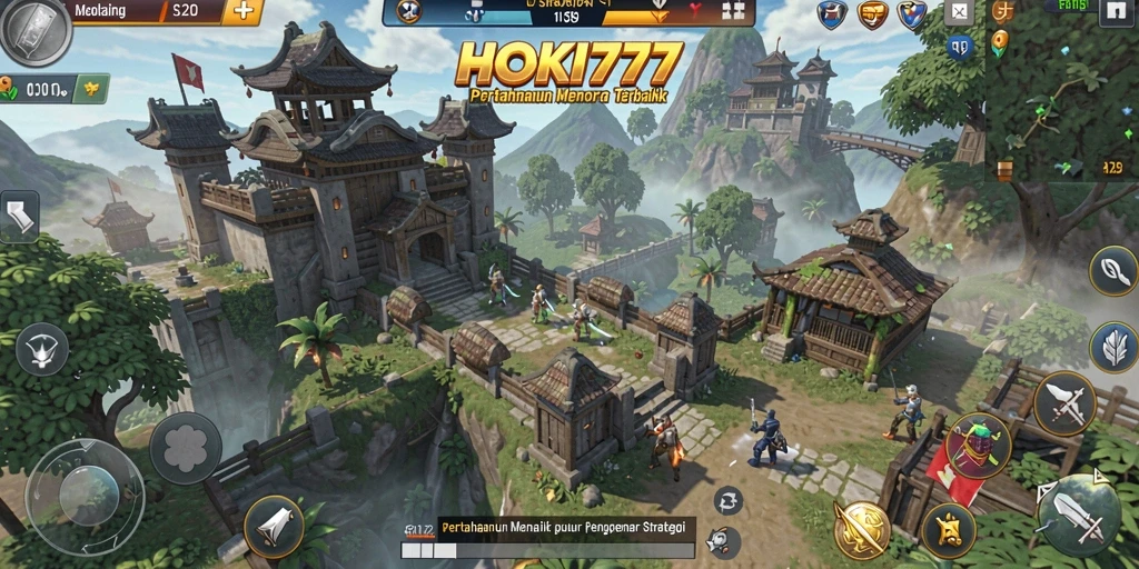 Tampilan gameplay HOKI777 dengan menara pertahanan yang strategis.