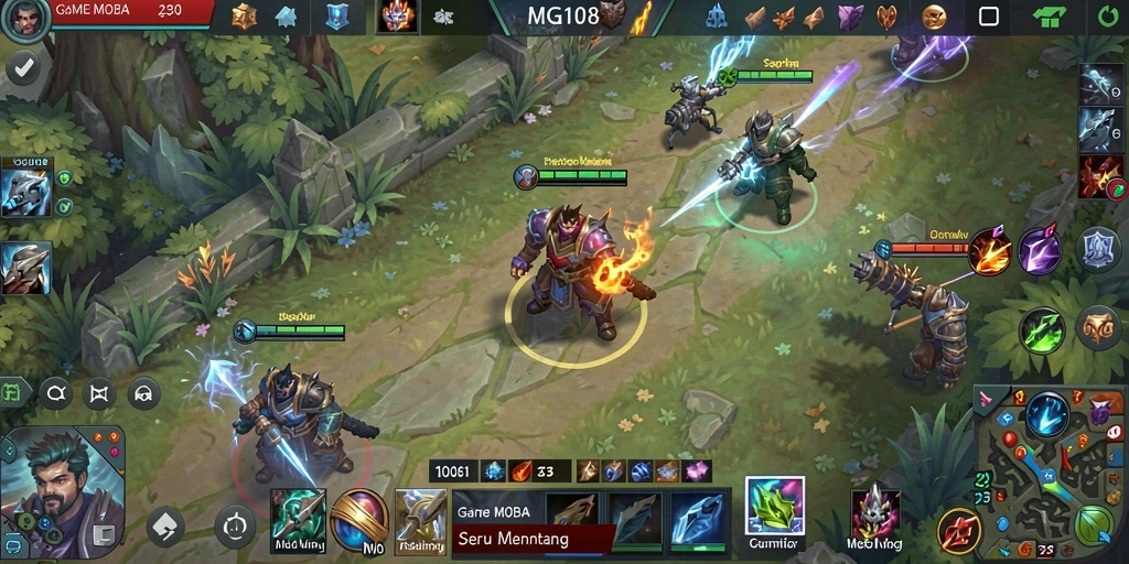 Tampilan seru gameplay MG108 dalam pertempuran MOBA.