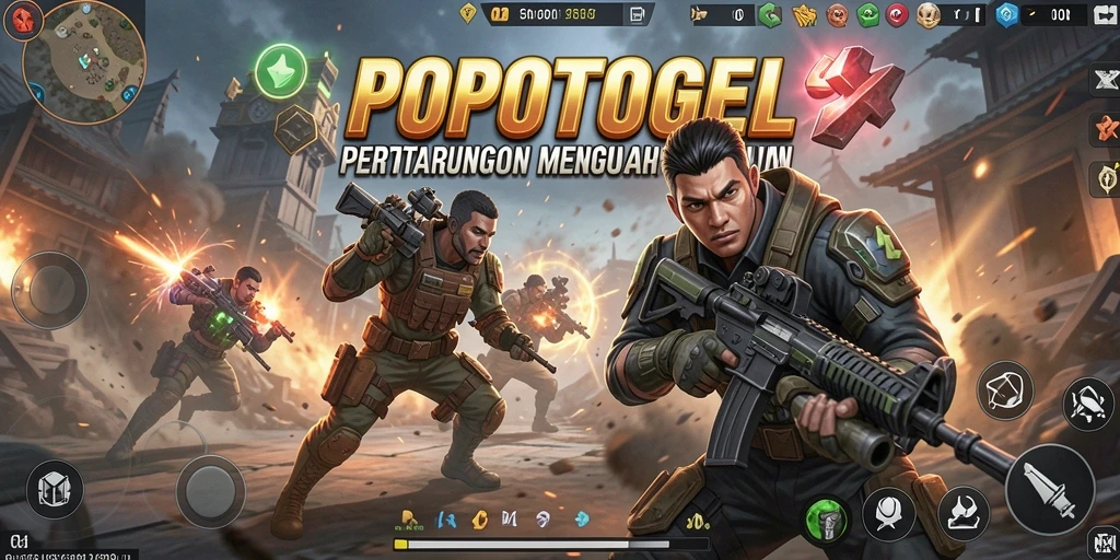 Screenshot utama POPOTOGEL menampilkan aksi seru dalam pertempuran FPS.
