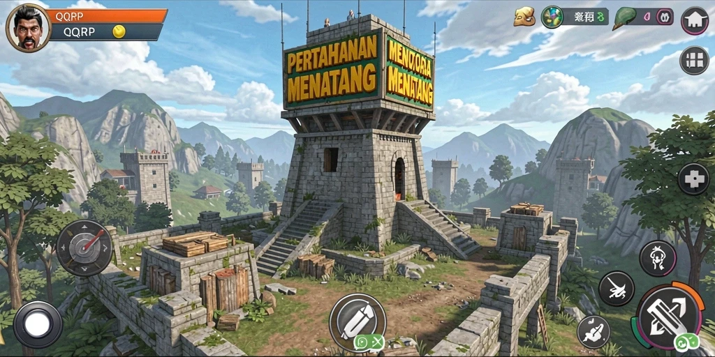 Screenshot gameplay QQRP menampilkan menara megah dan musuh yang menyerang.