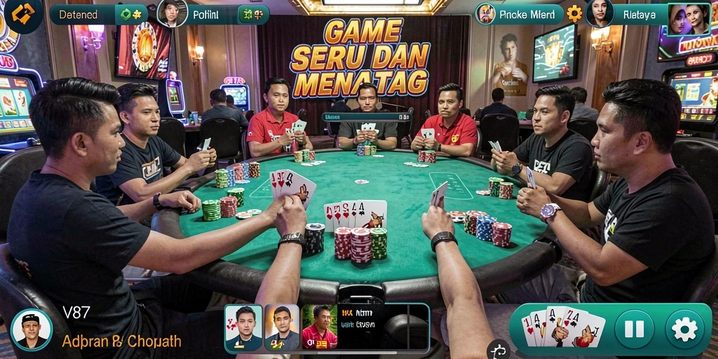 Screenshot utama V87 menampilkan gameplay Poker yang menegangkan dan seru.