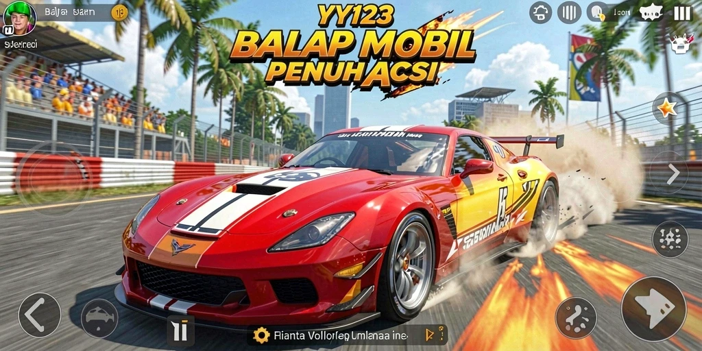 Screenshot gameplay YY123 menunjukkan aksi balap mendebarkan di trek.