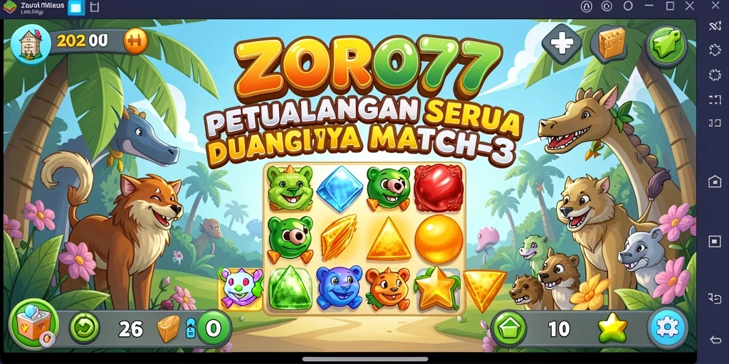 Screenshot ZORO77 menampilkan gameplay seru Match-3 dan kombinasi warna cerah.